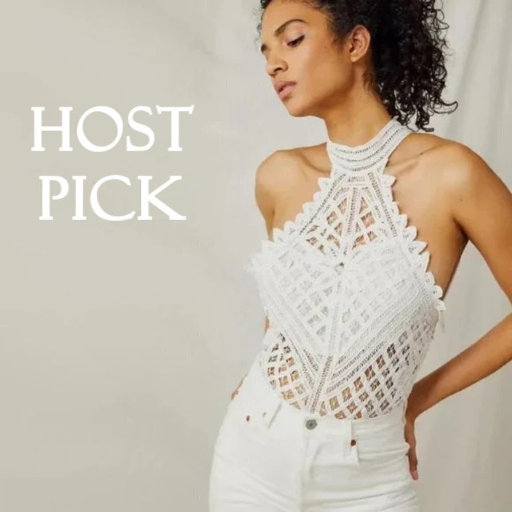 NWT Free People white lace-like crochet thong bodysuit, L